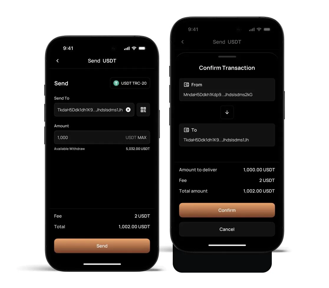 Sending USDT on the TRC-20 network: send screen and transaction confirmation
