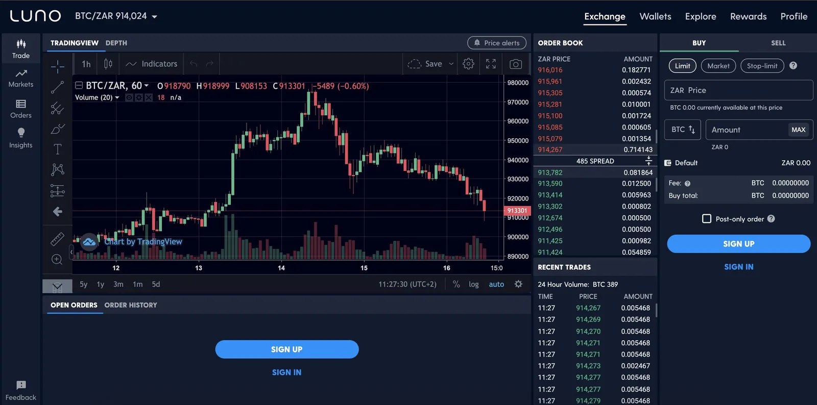 Luno BTC/ZAR exchange screen used to convert Bitcoin to rand