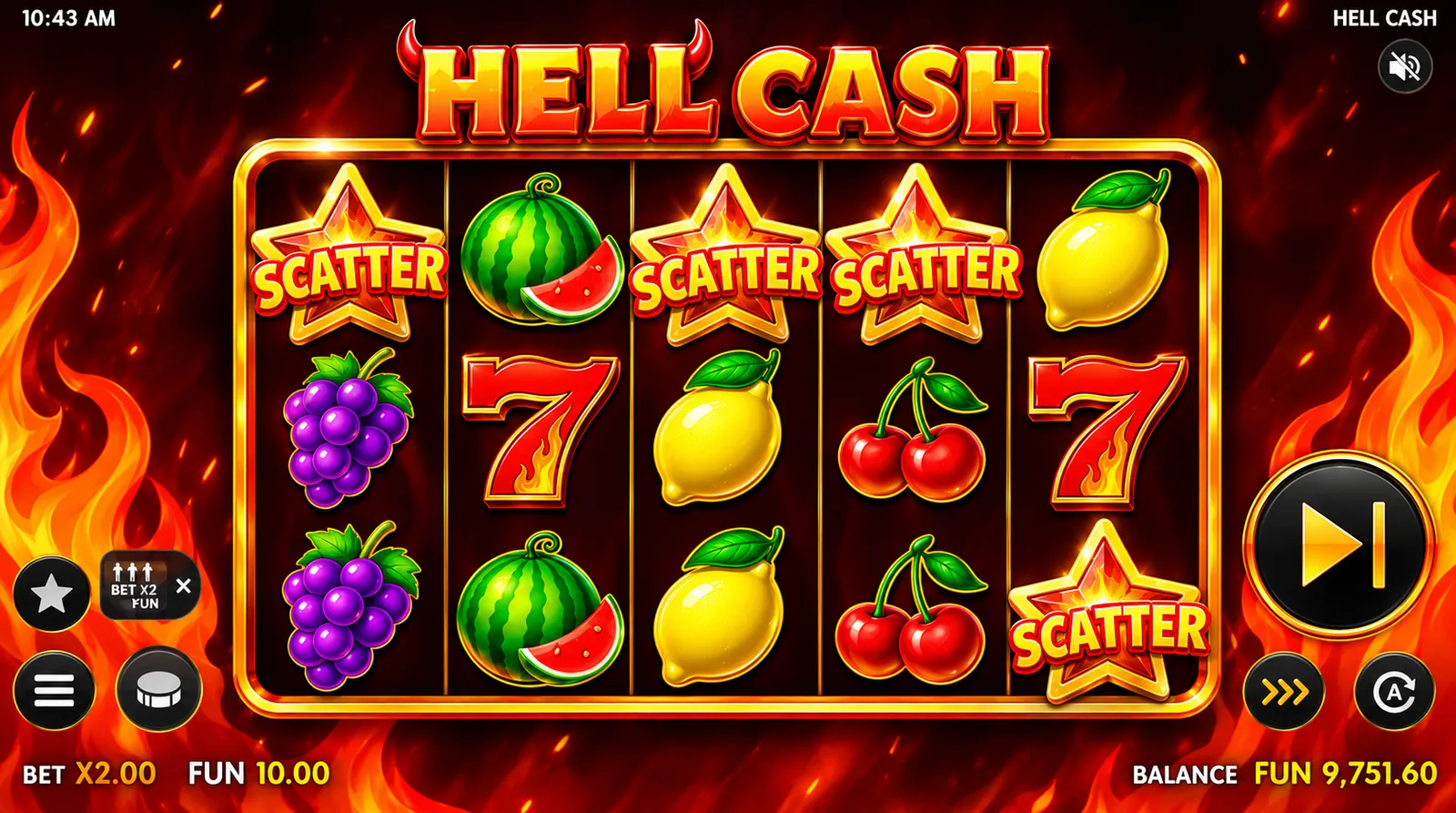 Hell Cash slot base game: 5x3 reels with Scatter stars, sevens, cherries, grapes, lemons and watermelons