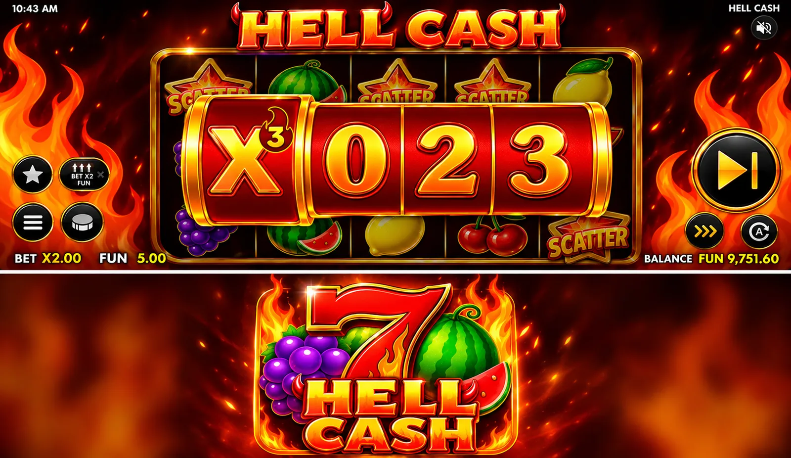 Hell Cash Bonus Game with numbered reels and a x3 multiplier