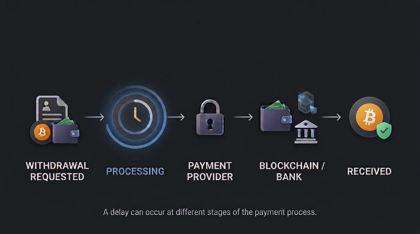 BitStarz withdrawal stages: withdrawal requested, processing, payment provider, blockchain or bank, received