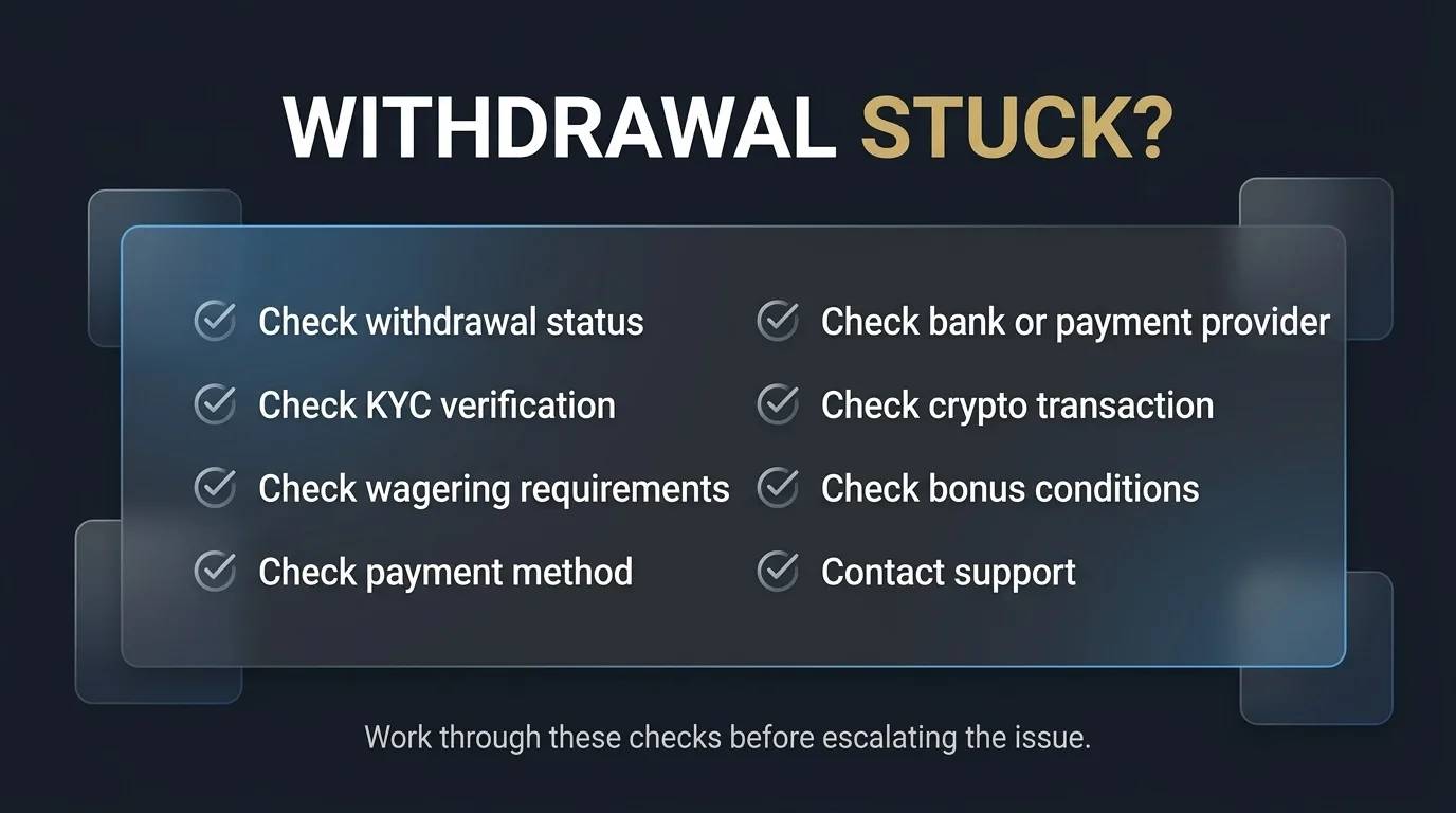 Withdrawal stuck checklist: status, KYC, wagering, payment method, bank or provider, crypto transaction, bonus conditions, support